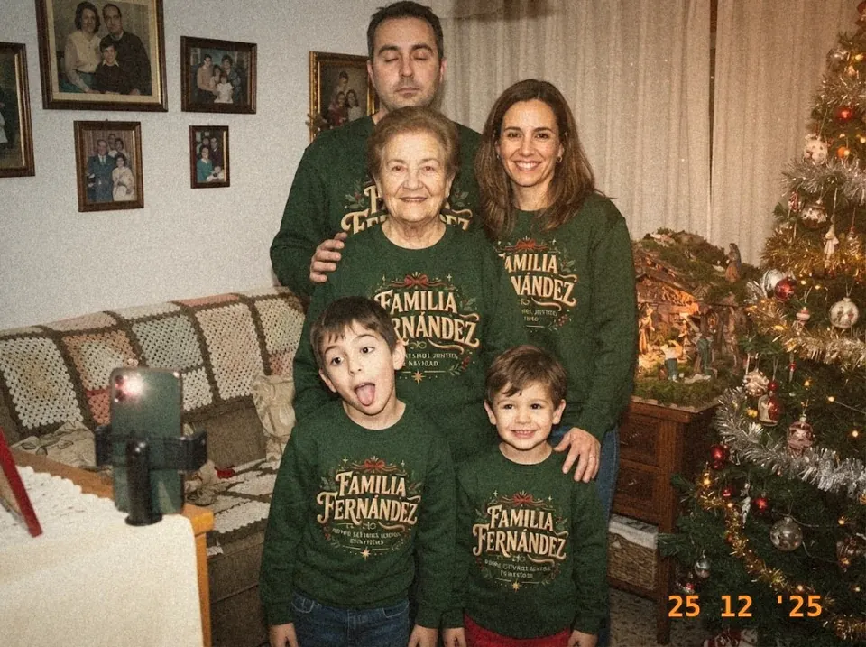 Familia en casa de la abuela con las sudaderas «Familia Fernández»