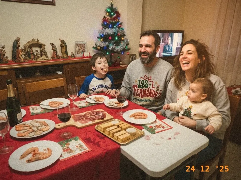 Familia cenando en Nochebuena con las sudaderas «Los Fernández»