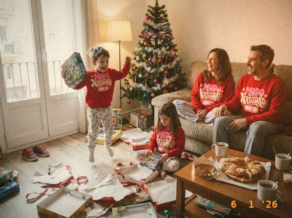 Familia abriendo los regalos de Reyes con las sudaderas «Modo Navidad: ON»