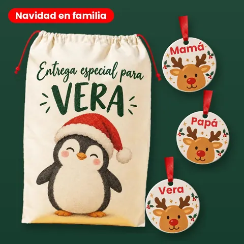 Pack Navidad en familia: saco con nombre y bolas con el nombre de cada uno